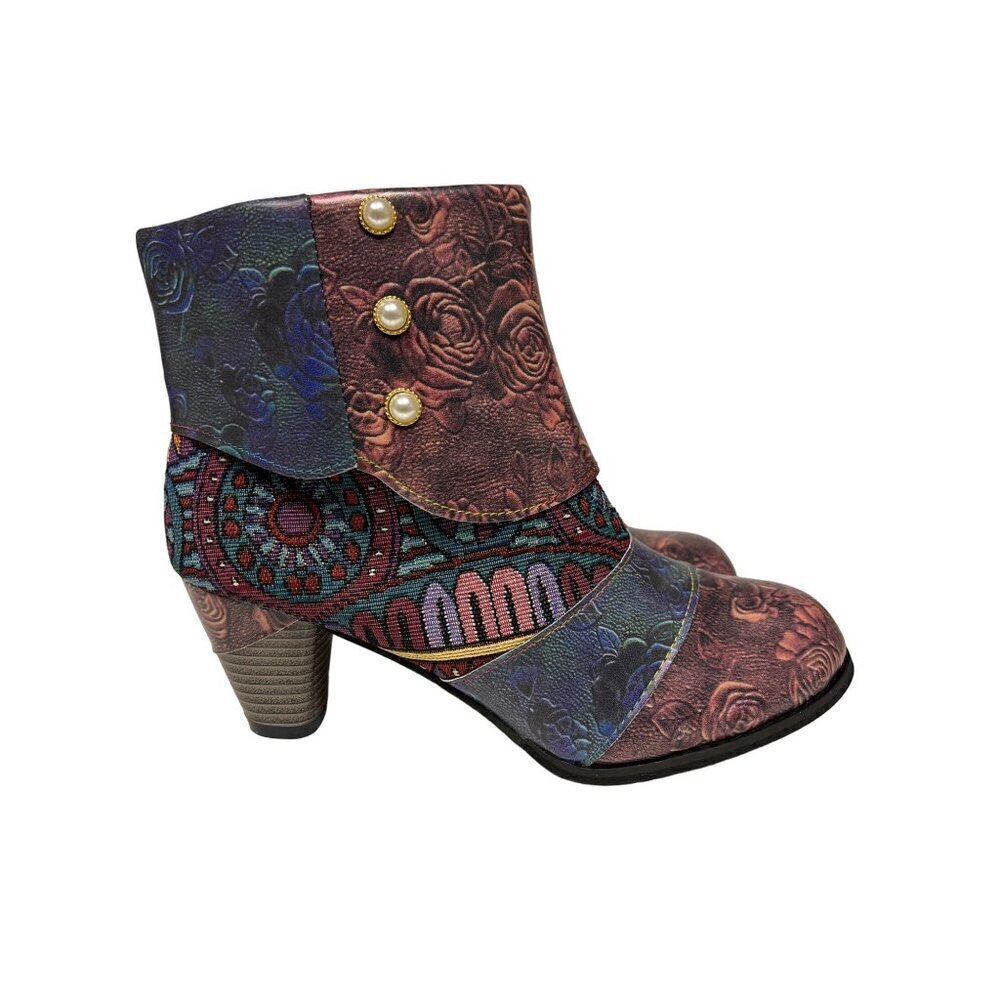 Art Work Faux Leather Colorful Artsy Cuff Ankle Boots Brown Size 8.5 Women's